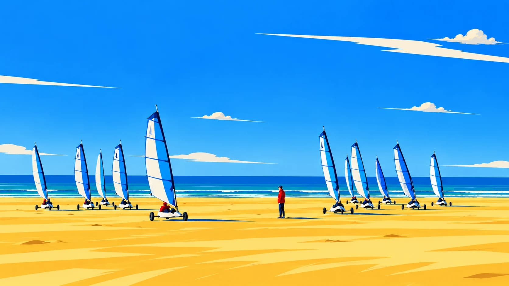 Des chars à voile roulent sur la plage sous le regard du moniteur