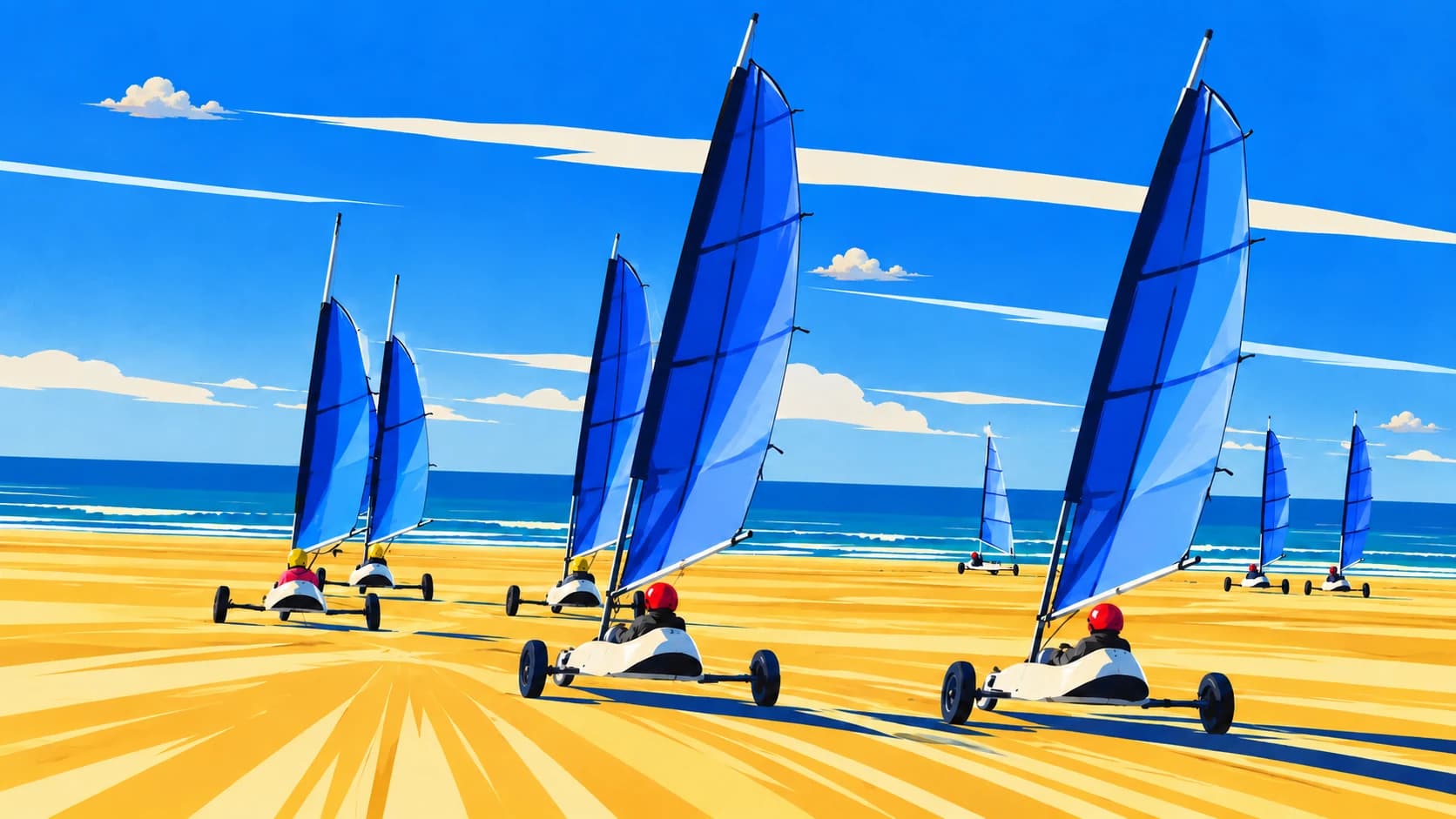 Plusieurs pilotes avancent sur la plage dans leurs chars à voile