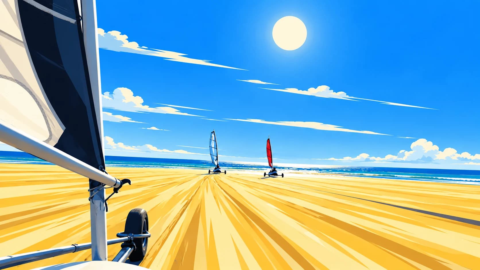 Vue depuis un char à voile qui suit deux autres chars sur la plage