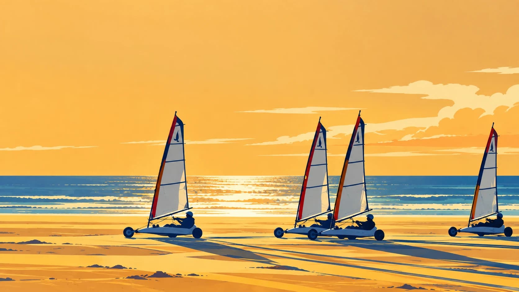 Plusieurs chars à voile roulent sur la plage en fin de journée