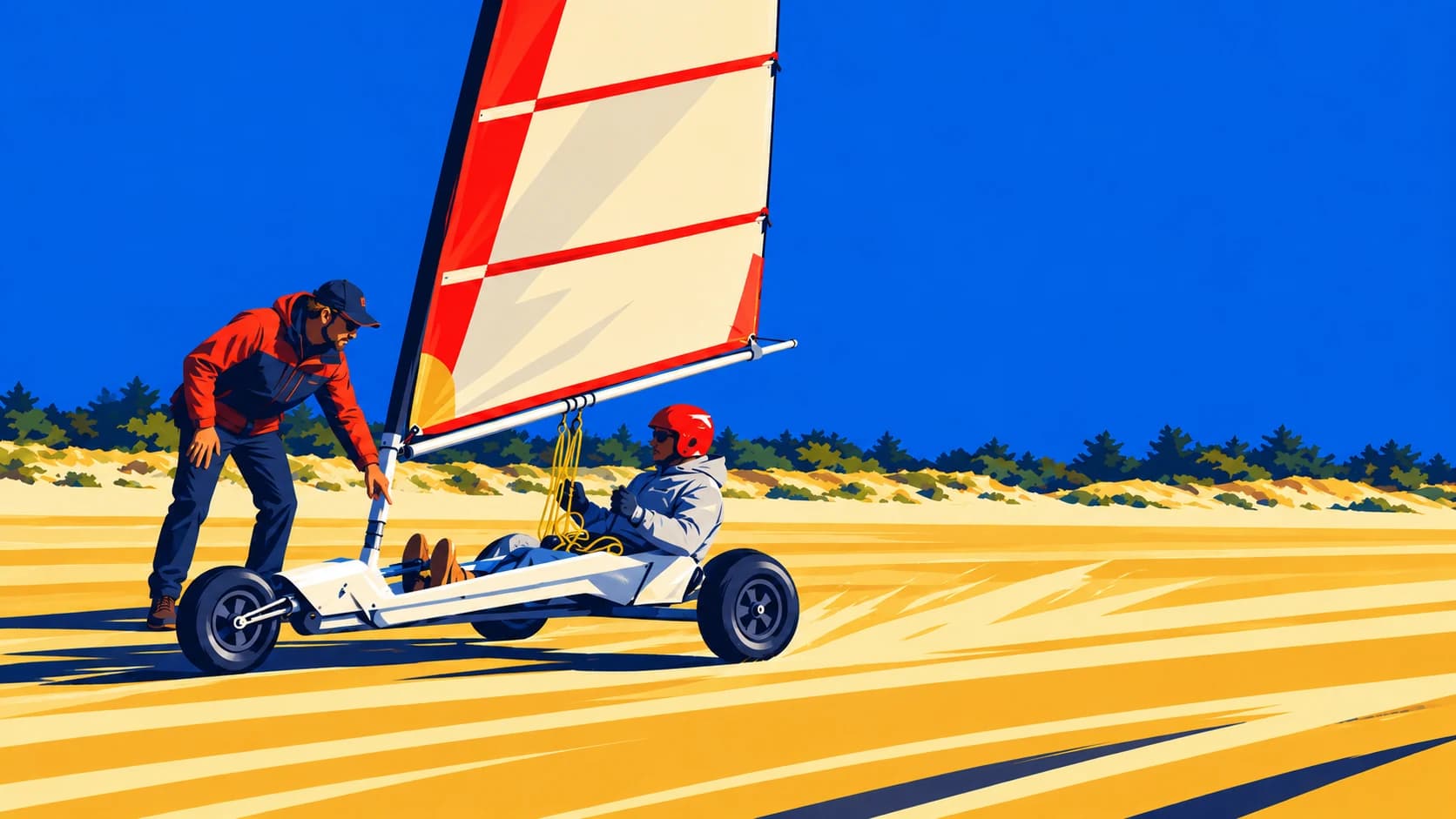 Un moniteur explique les commandes à une personne installée dans un char à voile